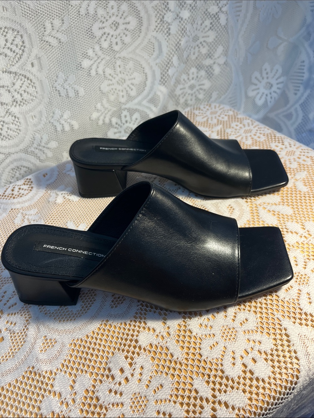 French Connection Black Slide Mule Block Heels - 6.5